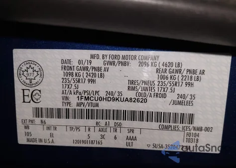 2019 Ford Escape Sel z USA, uszkodzony, nr VIN 1FMCU0HD9KUA82620